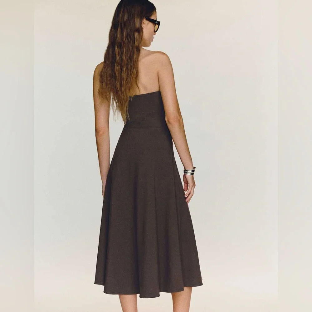 Reformation Lora Knit Strapless A-Line Midi Dress in Dark Brown *NEW* - Picture 3 of 5